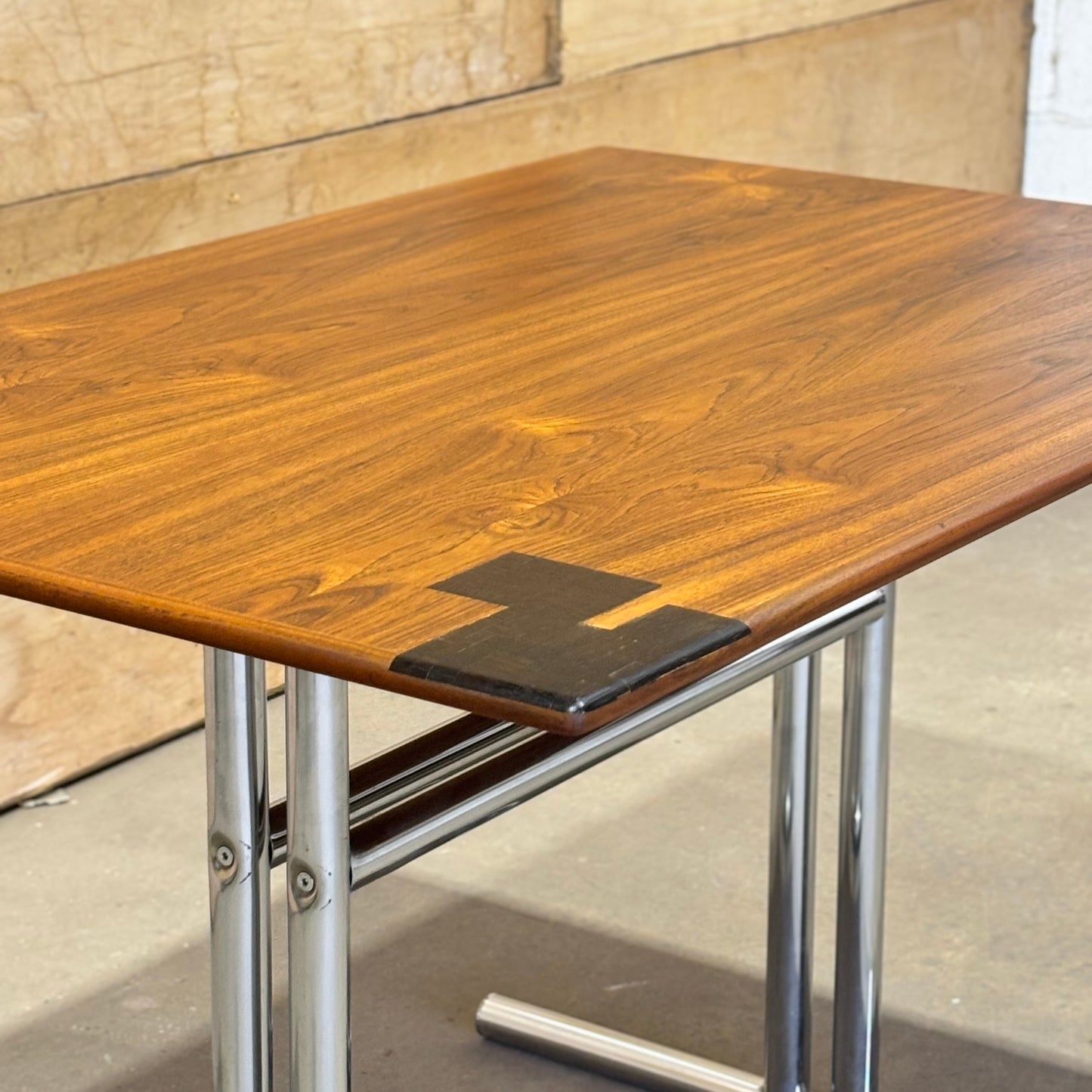 Teak & Chrome Dining Table with Wenge Inlays