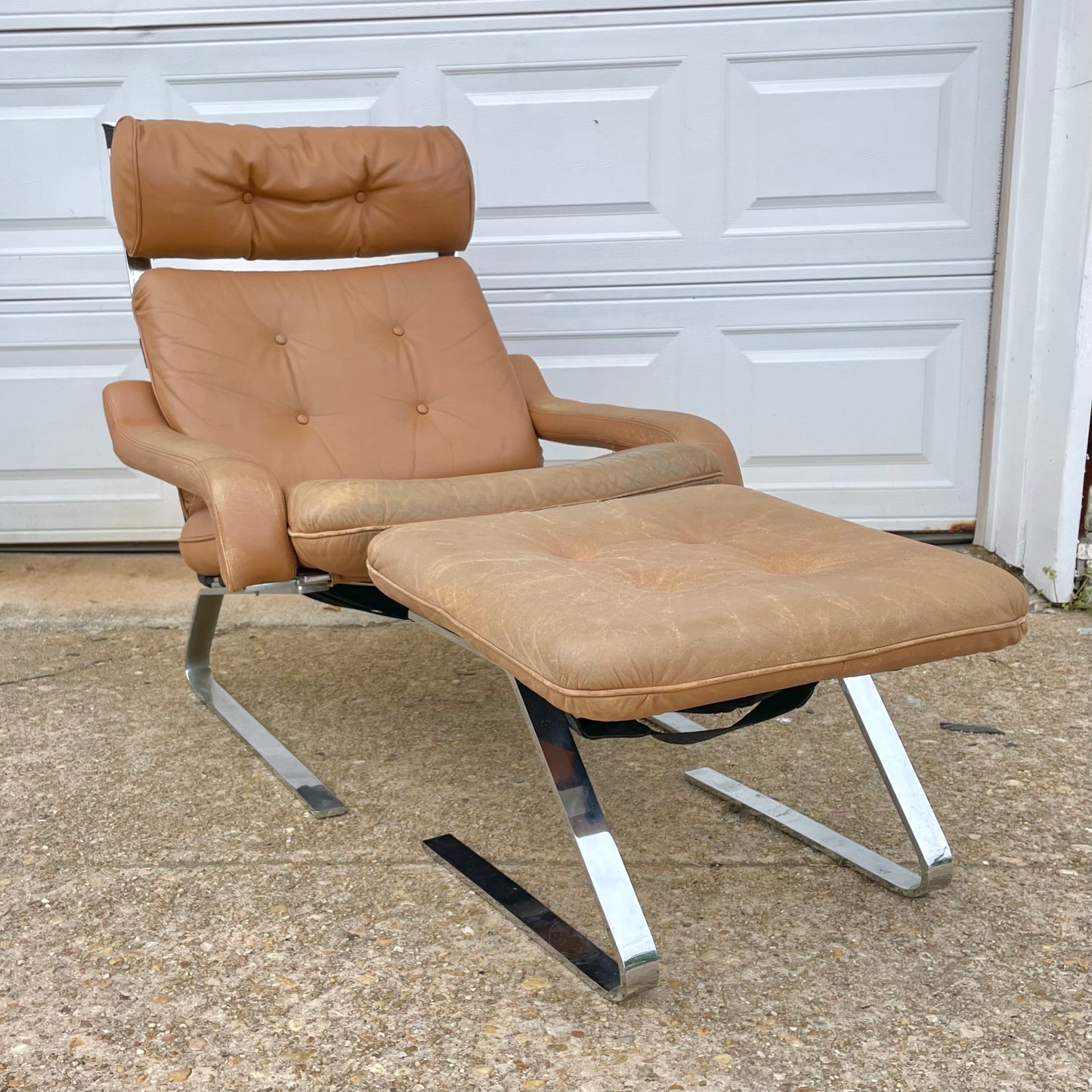 Vintage Scandinavian/ European Modernist Style Steel & Leather Easy Chair/Ottoman