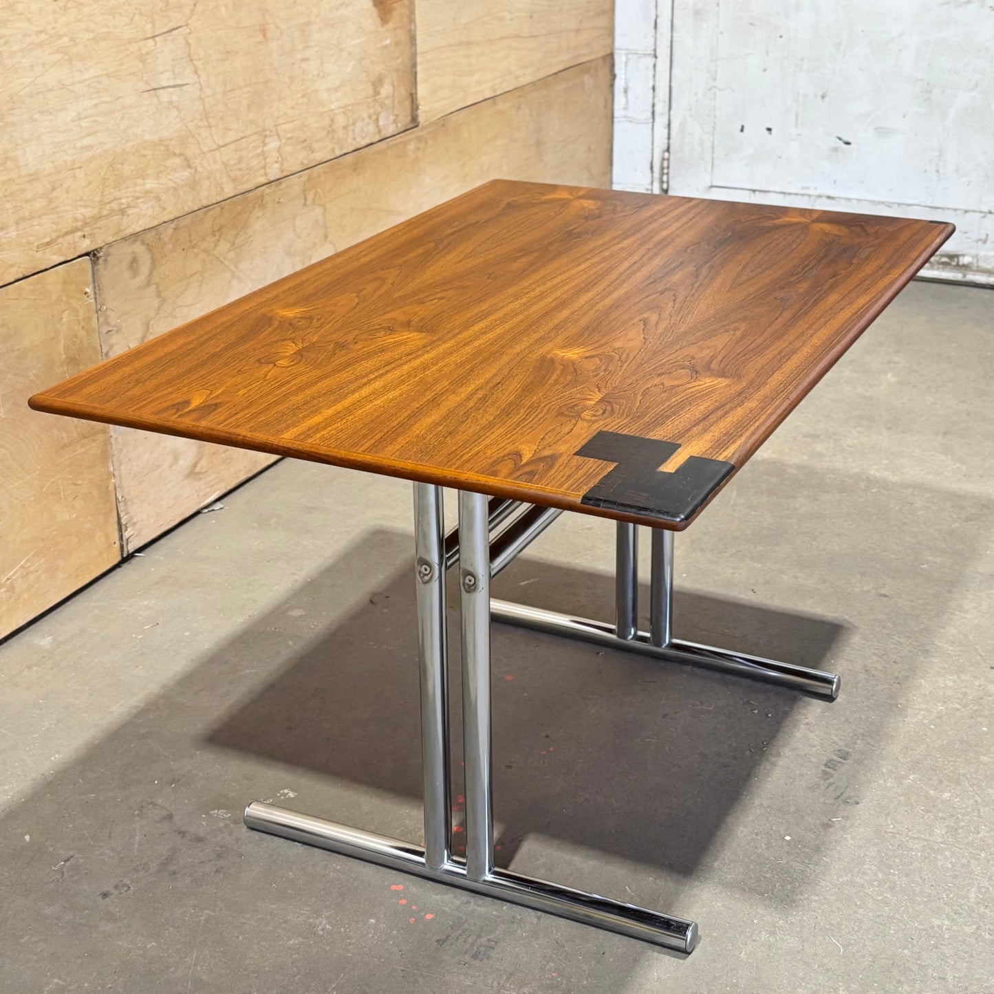 Teak & Chrome Dining Table with Wenge Inlays