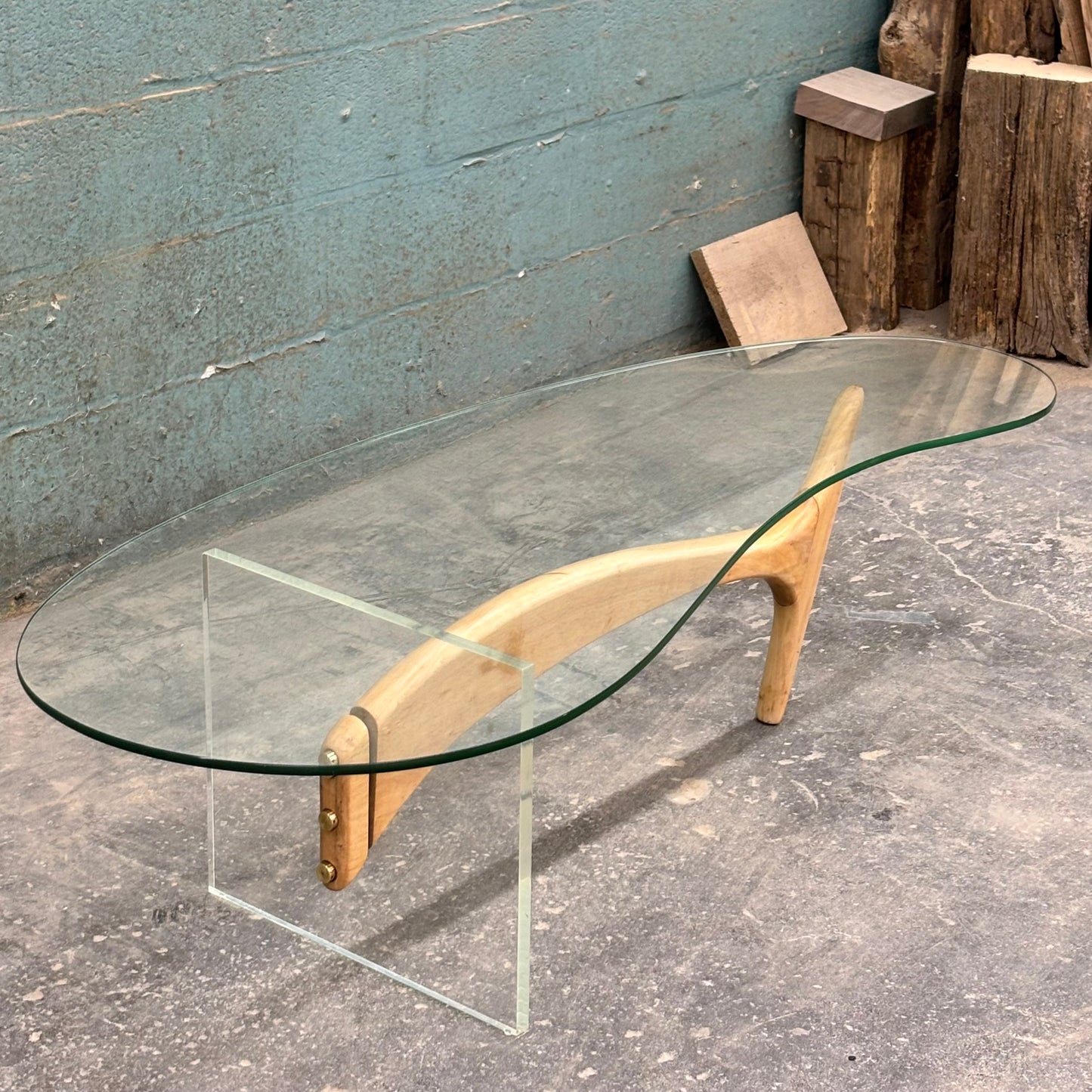 Mid Century Modern Sculpted Wood & Lucite Coffee Table