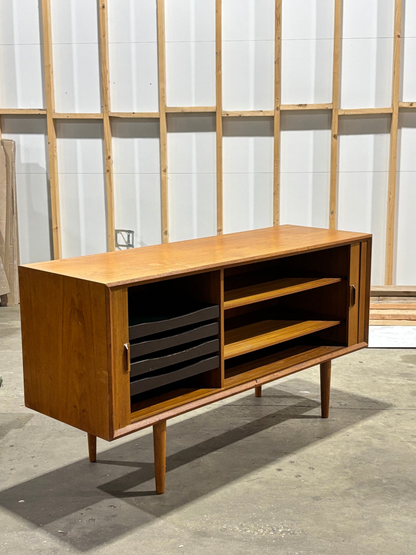 Danish Modern Teak Tambour Credenza by Svend Aage Larsen for Faarup Møbelfabrik