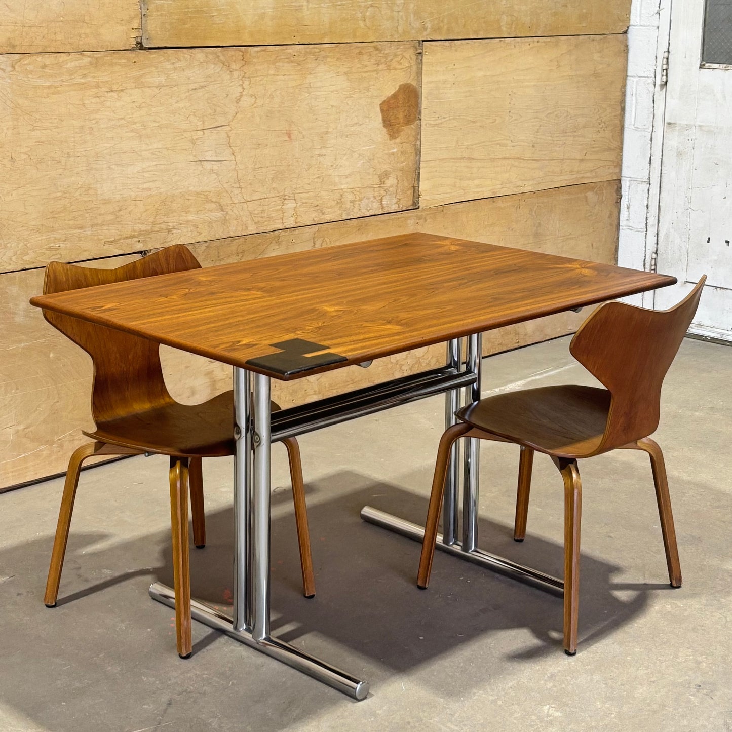 Teak & Chrome Dining Table with Wenge Inlays