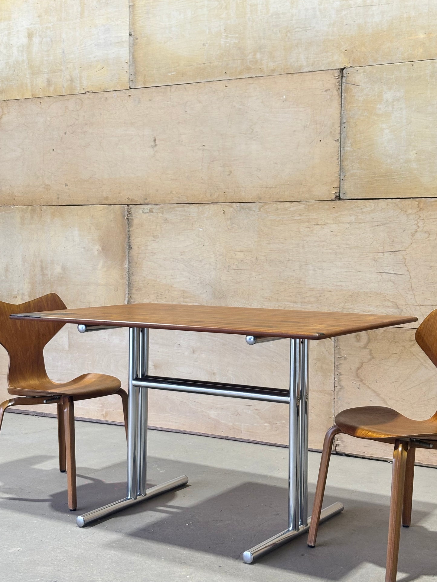 Teak & Chrome Dining Table with Wenge Inlays
