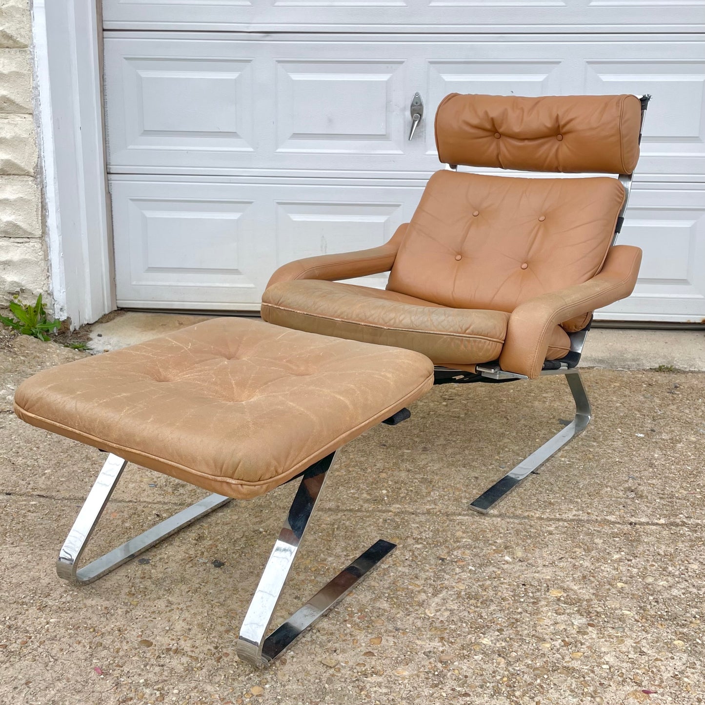 Vintage Scandinavian/ European Modernist Style Steel & Leather Easy Chair/Ottoman