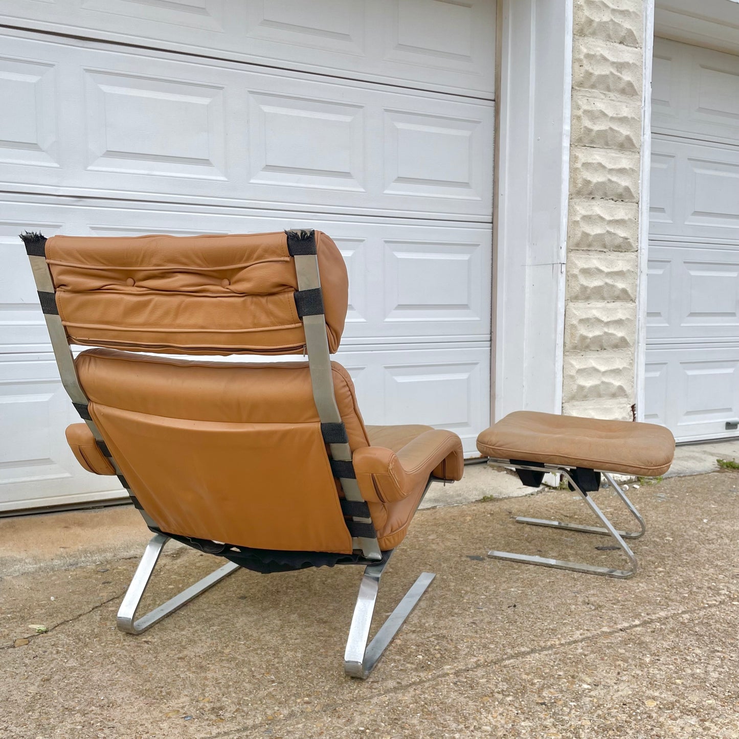 Vintage Scandinavian/ European Modernist Style Steel & Leather Easy Chair/Ottoman