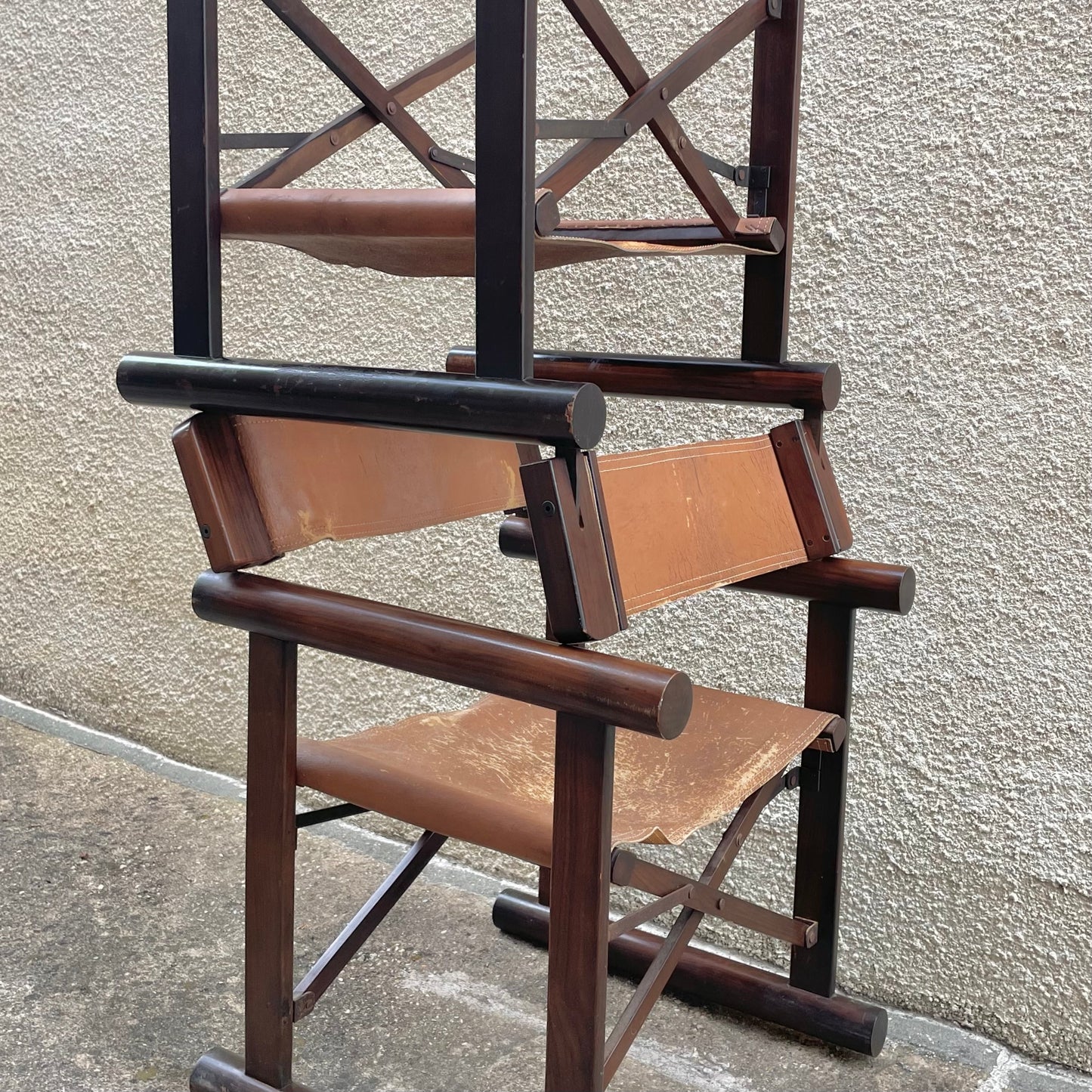 Vintage Brazilian Wood & Leather Folding Chairs by Sergio Rodrigues for OCA