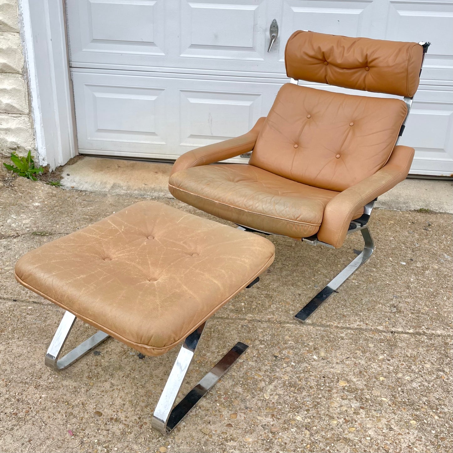 Vintage Scandinavian/ European Modernist Style Steel & Leather Easy Chair/Ottoman