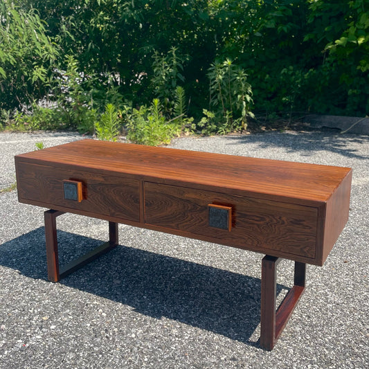 Danish Modern Style Rosewood Console Table w/ Ceramic Inlay