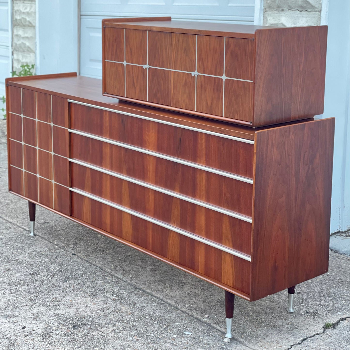 Vintage Mid-Century Two-Piece Walnut & Aluminum Cabinet