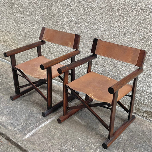 Vintage Brazilian Wood & Leather Folding Chairs by Sergio Rodrigues for OCA