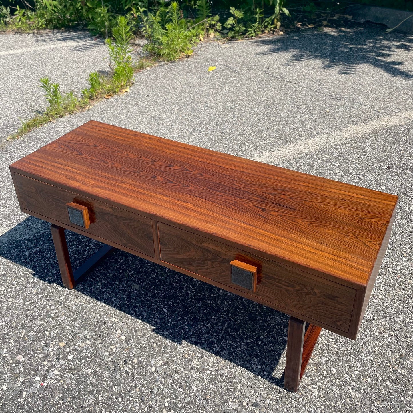 Danish Modern Style Rosewood Console Table w/ Ceramic Inlay