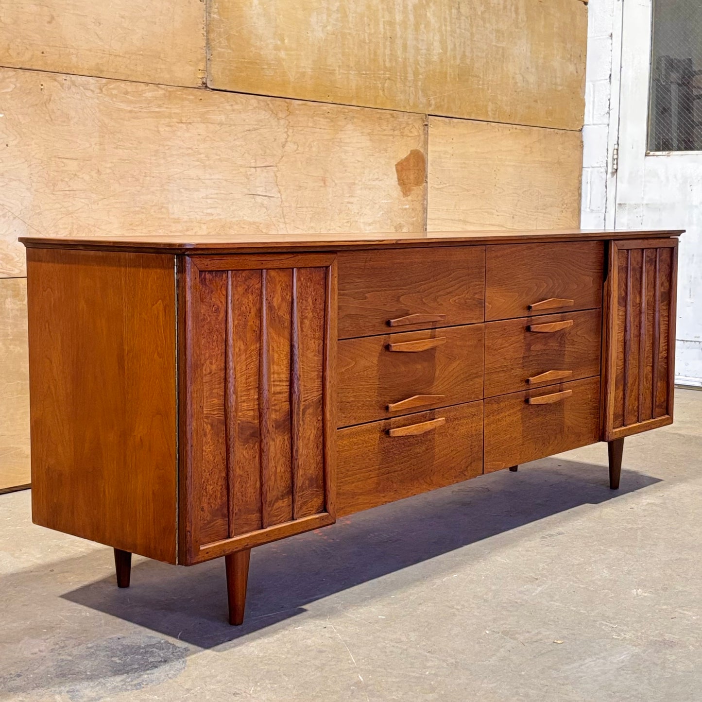 Vintage MCM Walnut & Burl Wood Dresser by United Furniture