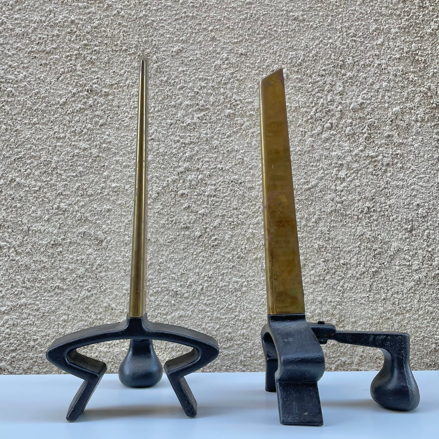 Vintage Mid-Century Cast Iron & Brass Andirons by Donald Deskey for Bennett