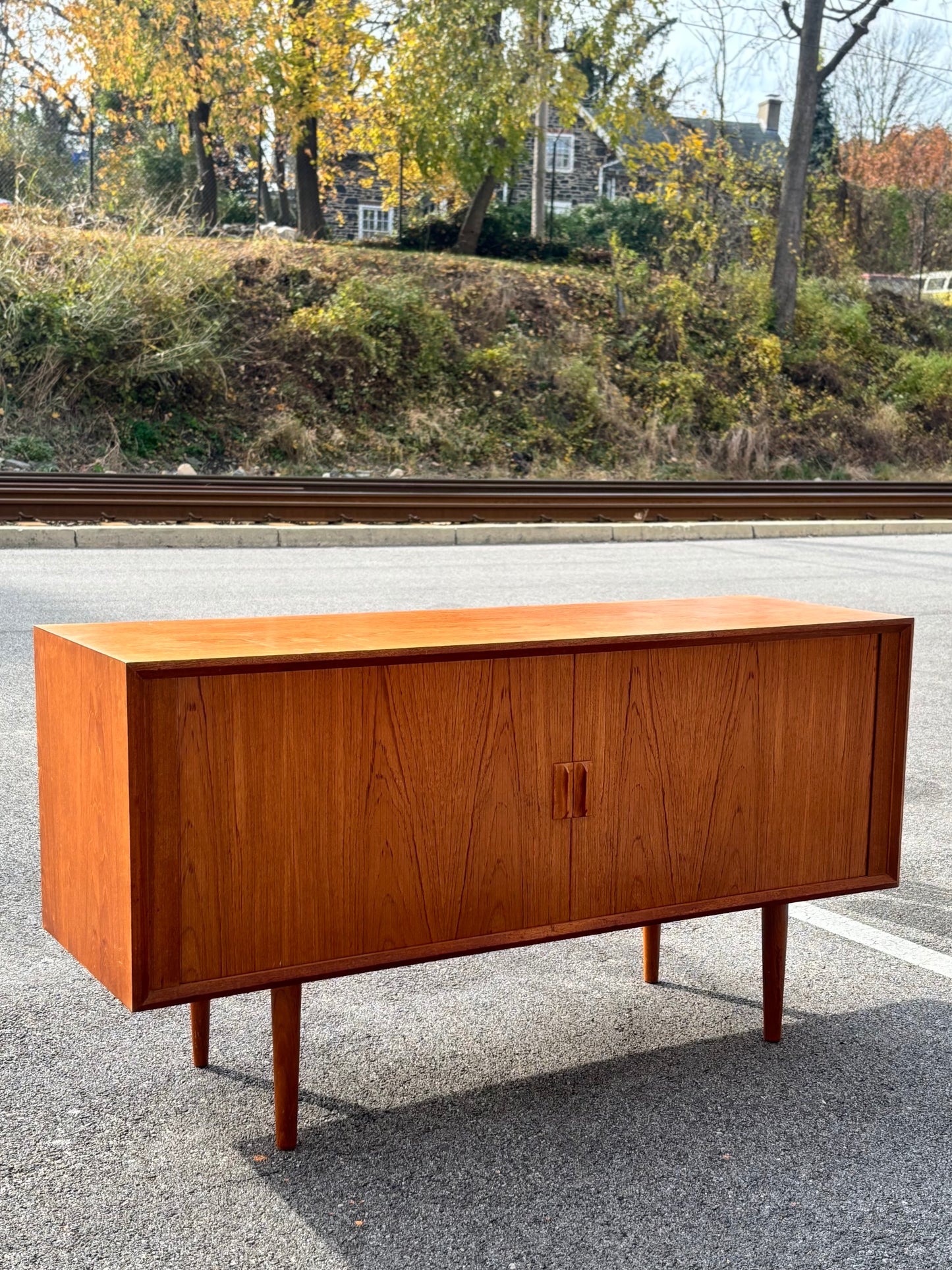 Danish Modern Teak Tambour Credenza by Svend Aage Larsen for Faarup Møbelfabrik