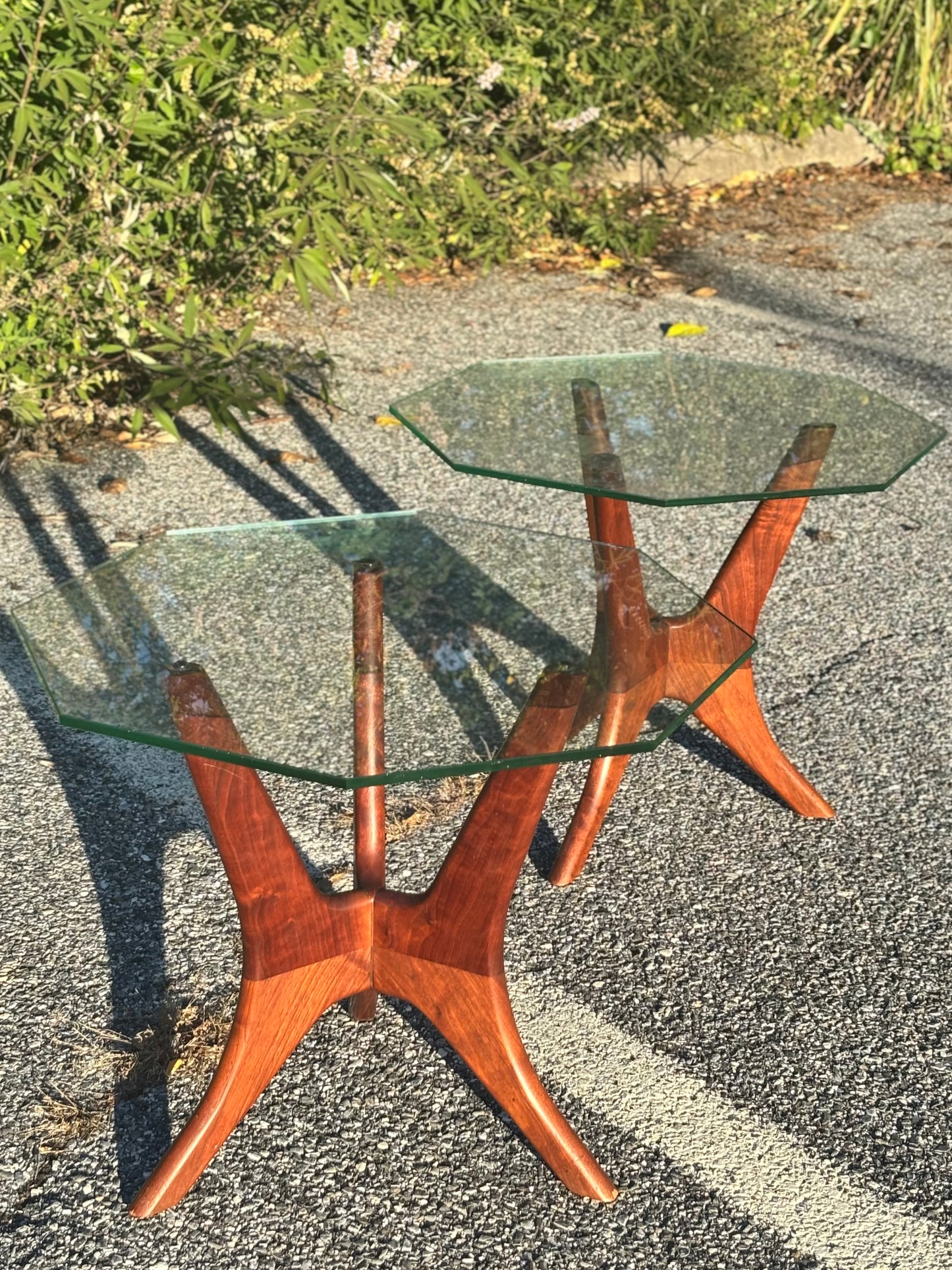 Vintage MCM Sculpted Walnut & Glass Tables