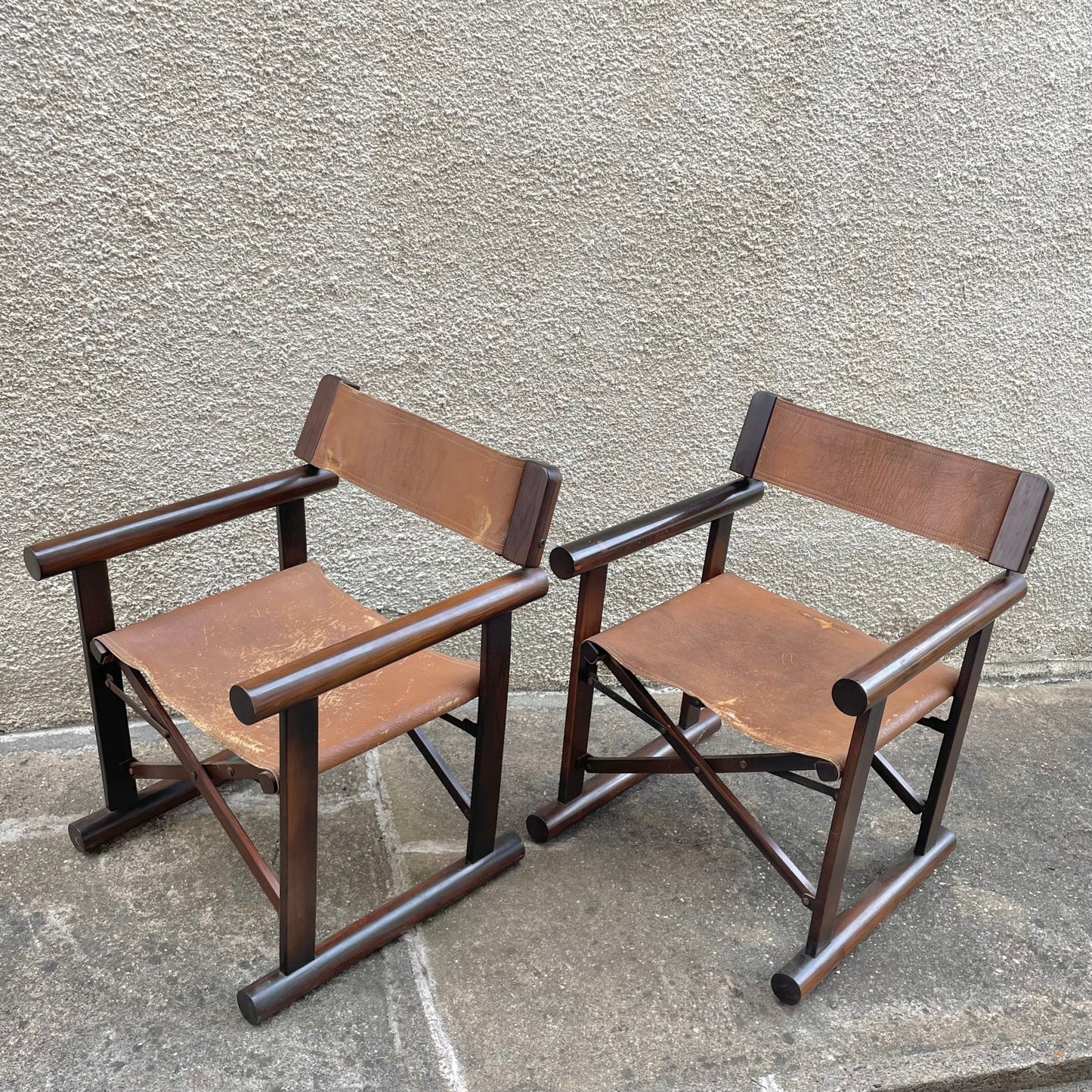 Vintage Brazilian Wood & Leather Folding Chairs by Sergio Rodrigues for OCA