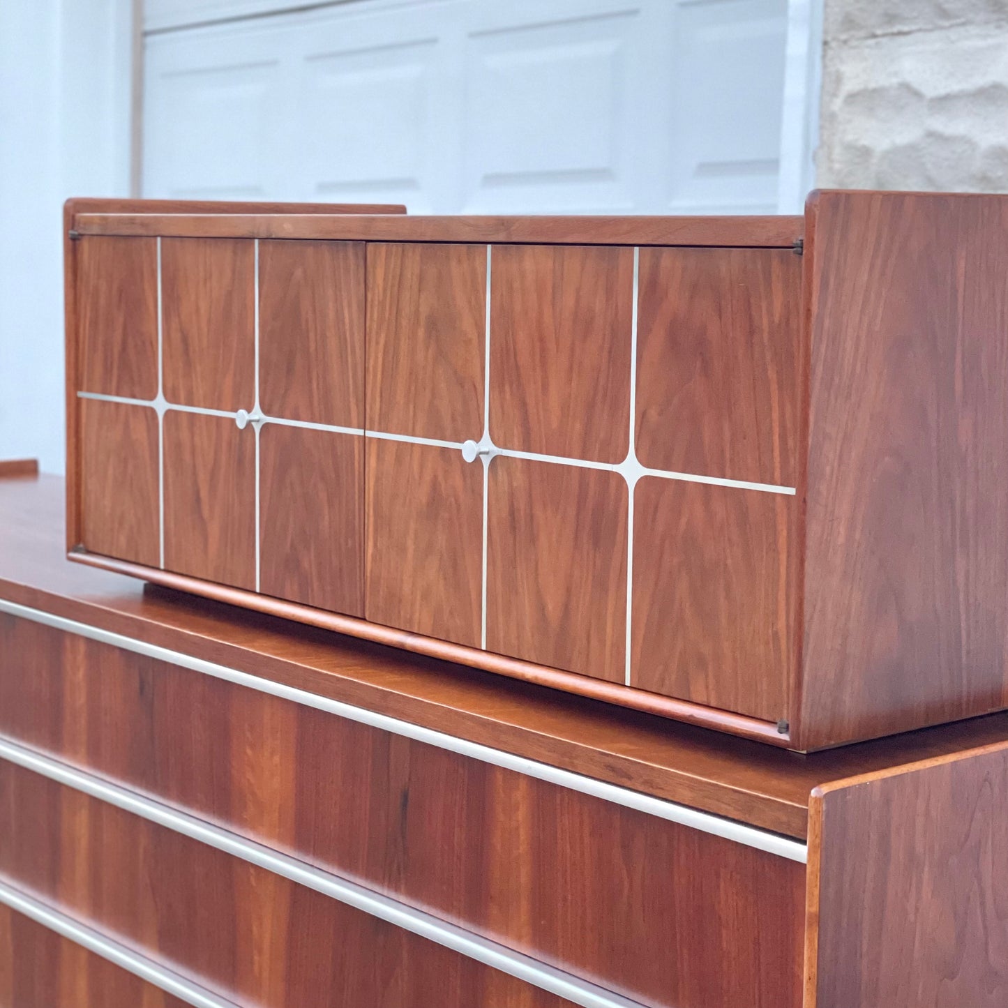 Vintage Mid-Century Two-Piece Walnut & Aluminum Cabinet