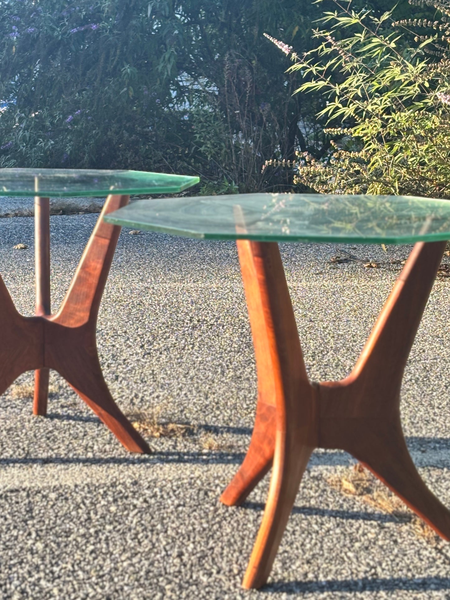 Vintage MCM Sculpted Walnut & Glass Tables