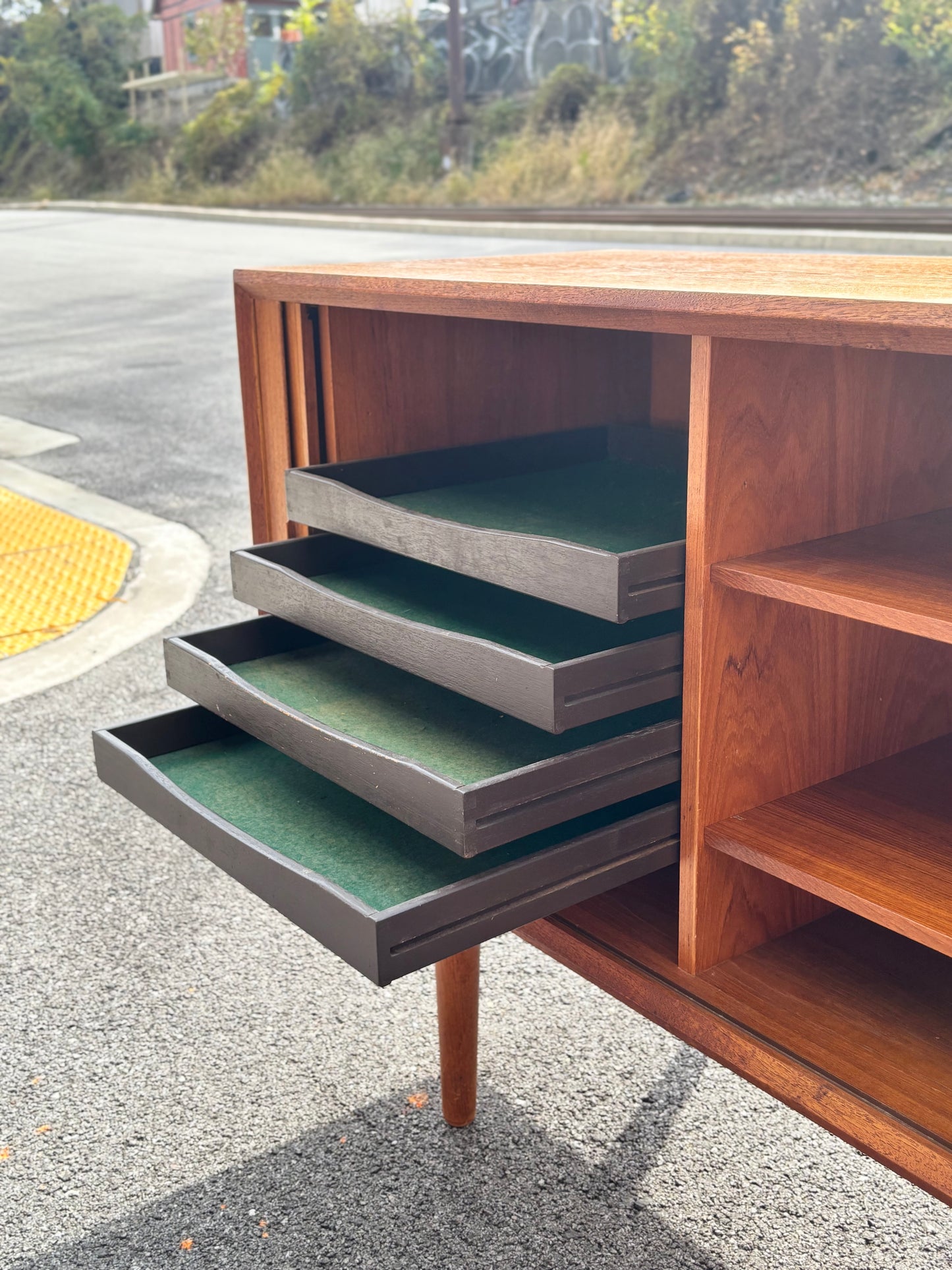 Danish Modern Teak Tambour Credenza by Svend Aage Larsen for Faarup Møbelfabrik