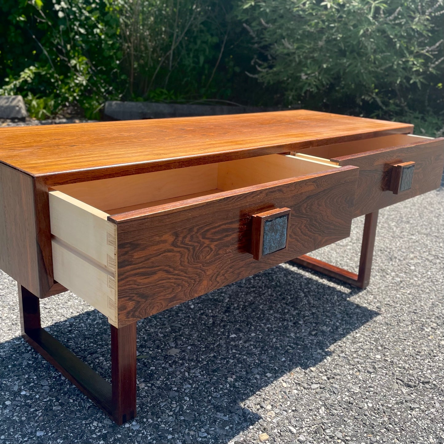 Danish Modern Style Rosewood Console Table w/ Ceramic Inlay